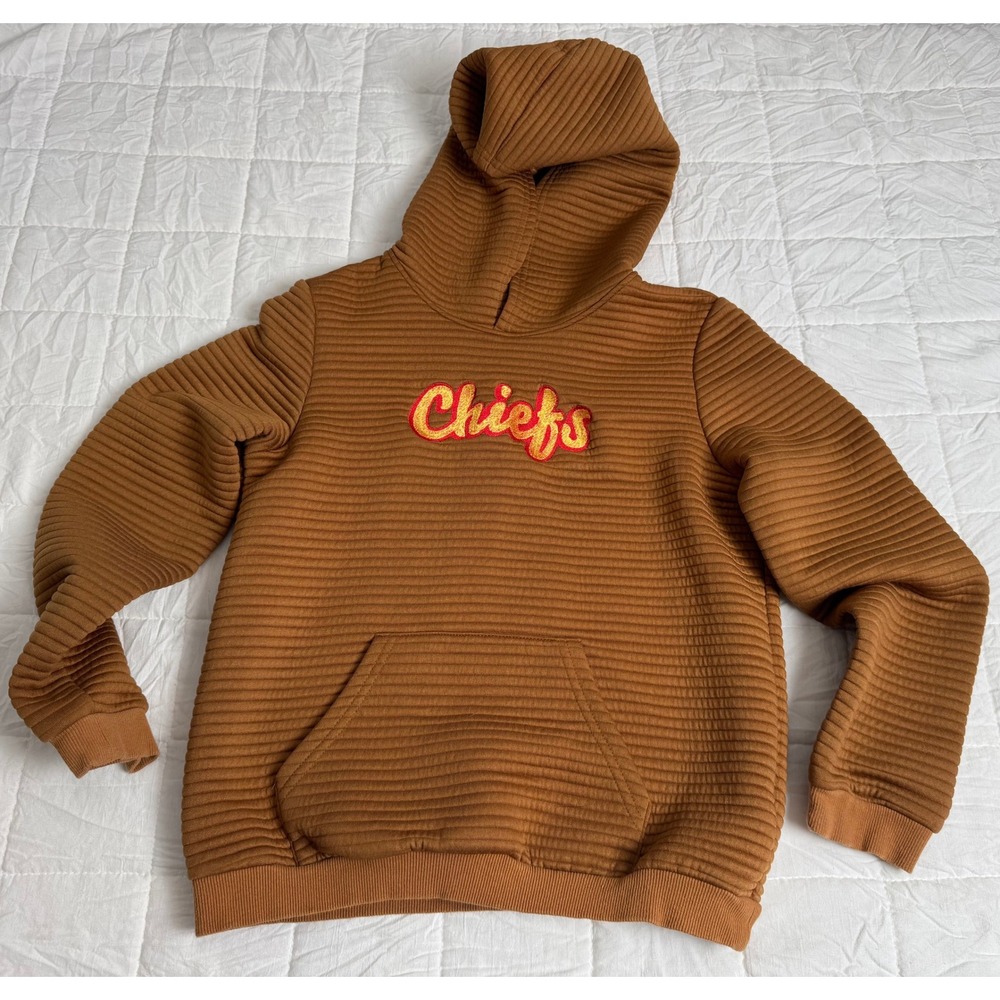 Kansas City Chiefs Ribbed Hoodie Brown Embroidered Size 11-12Y NFL - Picture 2 of 7
